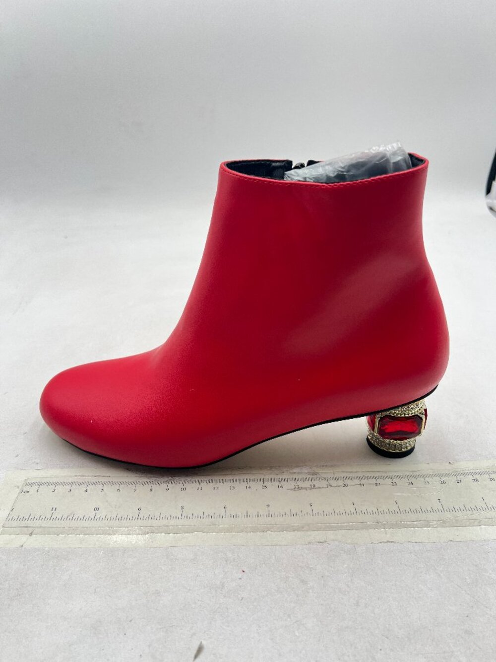 Red Women Round Toe Crystal Low Heel Ankle Boots Fashion Side Zipper Shoes